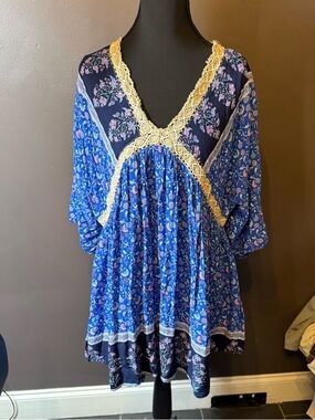 Boho Floral Blue Mini Dress with Lace Trim